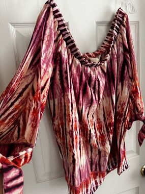 Tyche Plum, Red and Cream Boho Off-Shoulder Tunic